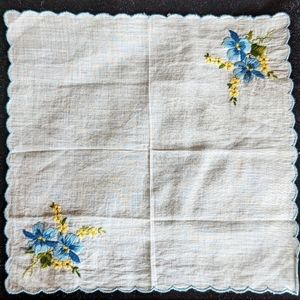 Vintage White Handkerchief with Embroidered Blue/Yellow and Green Floral Pattern